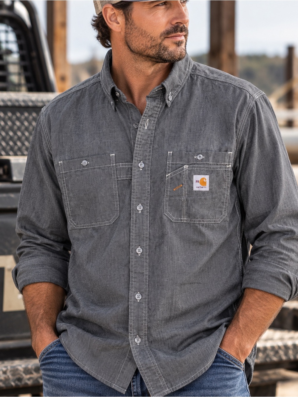 Carhartt FR Flame Resistant Chambray Work Shirt Men’s L Gray Loose Fit #920